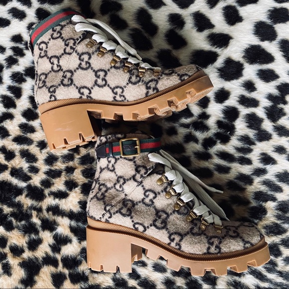 Gucci Shoes - Gucci Trip GG Monogram Wool Combat Boots